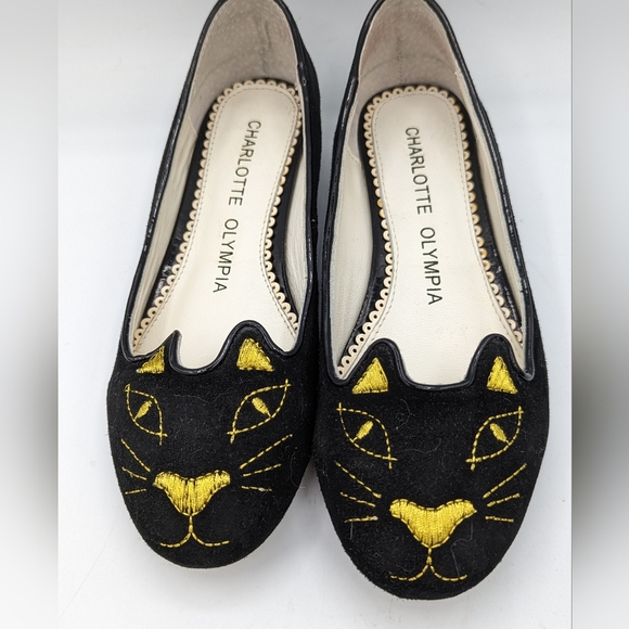 Charlotte Olympia 35 kitty black velvet and gold embroidery loafers - Picture 5 of 10
